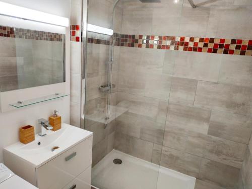 La salle de bains est pourvue d'une douche et d'un lavabo. dans l'établissement Le New York Bisontin, à Besançon