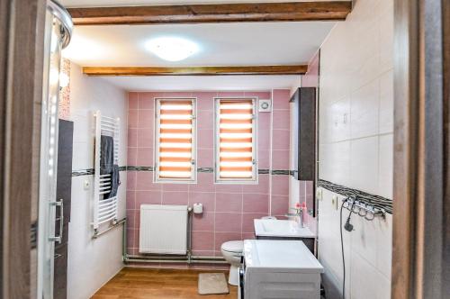 różowa łazienka z umywalką i toaletą w obiekcie Domek Góralski Beskid Sądecki w mieście Gołkowice