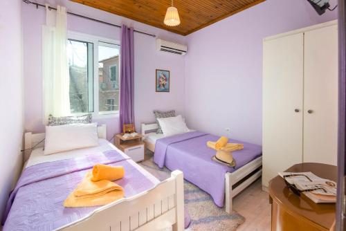 two beds in a room with purple walls at Paxos Apartments in Gaios
