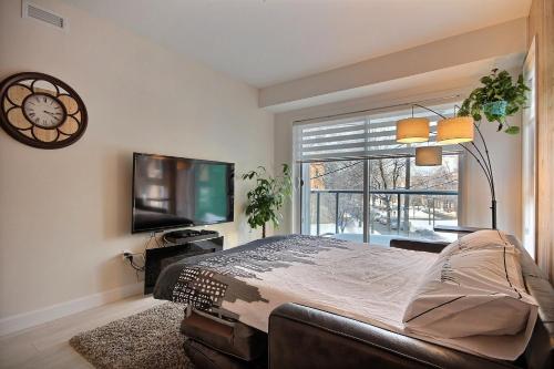 1 dormitorio con 1 cama, TV y ventana en La vie est belle: FREE PARKING, GYM, ROOFTOP TERRACE, en Quebec