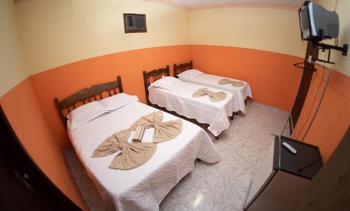 two twin beds in a room with a television at Hotel Minas Brasil in Salinas