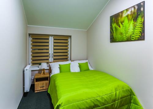 a green bed in a white room with a green blanket at Szelesiówka & SPA in Chodzież