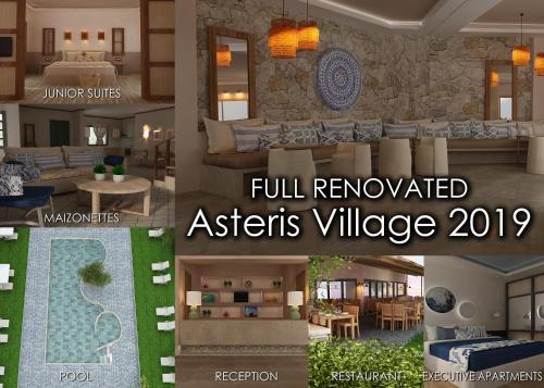 a collage of four pictures of a living room at Asteris Village in Gerakini