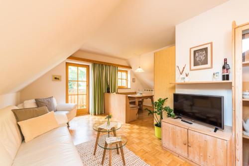 a living room with a couch and a tv at Weingut Dietl in Riegersburg