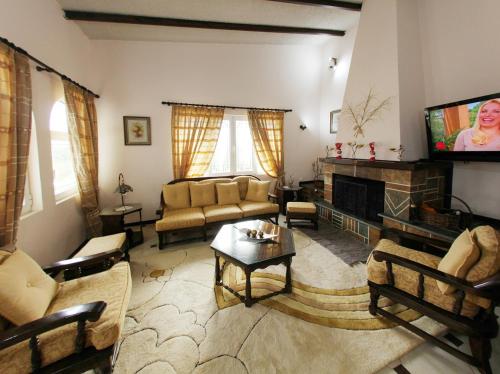 a living room with a couch and a tv in it at The Villa of the Winds in Néa Kíos