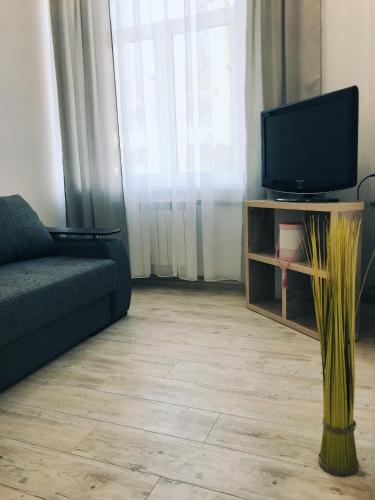a living room with a couch and a tv at Apartment Ternopil Світло не вимикають in Ternopilʼ
