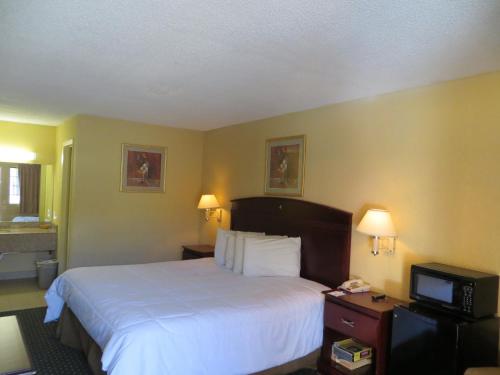 a hotel room with a bed and a television at Welcome Inn in Dallas
