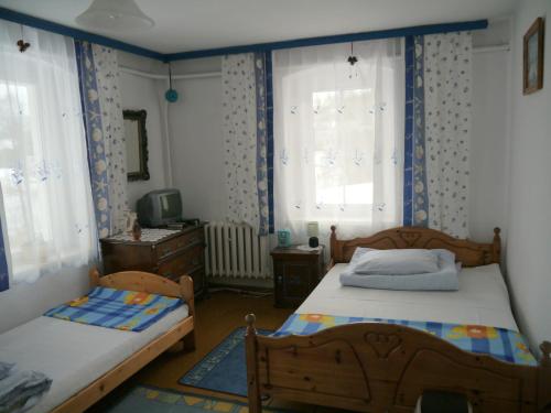 1 dormitorio con 2 camas y 2 ventanas en Pod kasztanem gospodarstwo agroturystyczne, en Stronie Śląskie