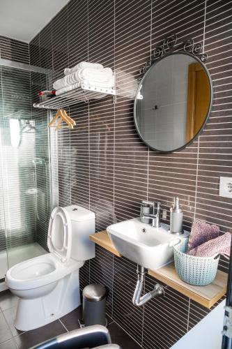 a bathroom with a toilet and a sink and a mirror at Alboi Loft in Aveiro