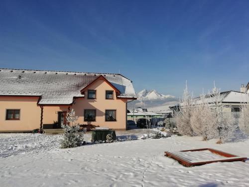 a house with snow on the ground in front of it at Privát Slavkov in Malý Slavkov