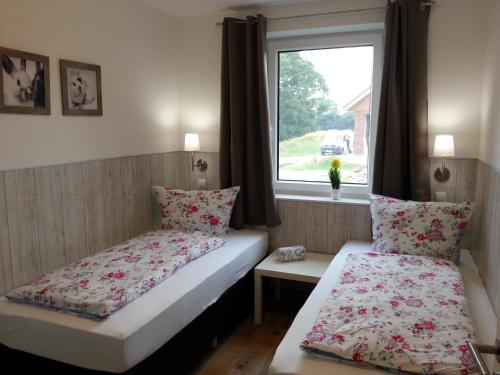 2 Betten in einem Zimmer mit Fenster in der Unterkunft Ferienhäuser im Ferienhausgebiet Hof Beel in Oberlangen