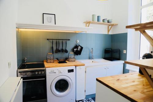une cuisine avec une machine à laver et un évier dans l'établissement Le Salvator, à Cannes