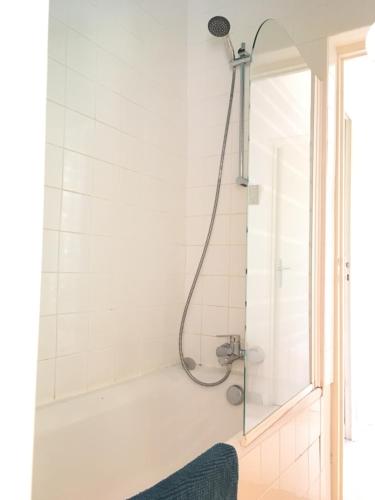 a shower in a bathroom with a glass door at Appartement Cassis Plage in Cassis