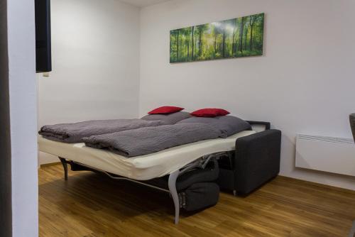 Bett in einem weißen Zimmer mit roten Kissen darauf in der Unterkunft eder-home in Reisenberg
