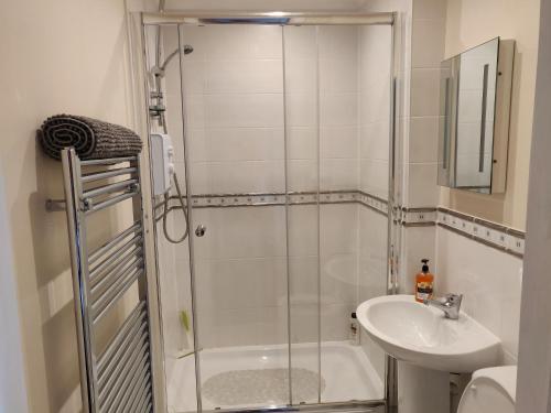 a bathroom with a shower and a sink at Hartford Court, East Cliff, Bournemouth. Walk to beach and town in Bournemouth
