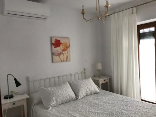 ベヘール・デ・ラ・フロンテーラにあるCasa Calle Alta Maria Bajoのベッドルーム1室(ベッド1台付)が備わります。壁に絵が飾られています。