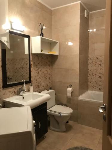a bathroom with a toilet and a sink and a tub at Zen Apartment Oradea - FREE Parking in Oradea