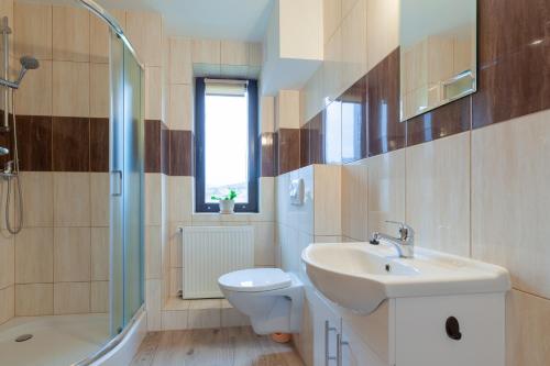 a bathroom with a sink and a toilet and a shower at AGROTURYSTYKA U JURKA in Tylicz