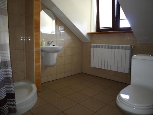 a bathroom with a toilet and a sink at Termalne Pokoje in Uniejow