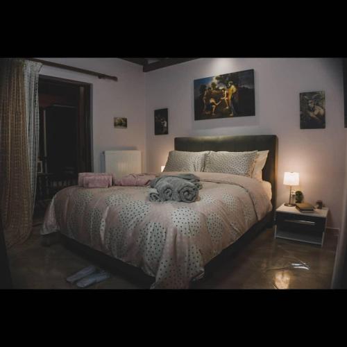 a bedroom with a bed with a stuffed animal on it at Villa Agno - Βίλα Αγνώ in Ãno KariaÃ­