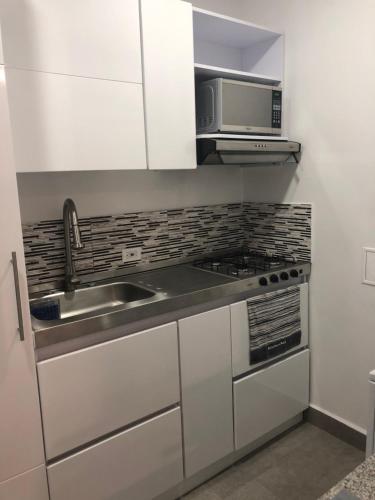 布加的住宿－New Modern Studio，厨房配有白色橱柜、水槽和微波炉