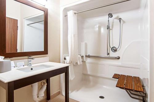 a white bathroom with a sink and a shower at Comfort Suites NW Dallas Near Love Field in Dallas