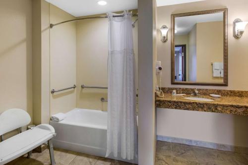 a bathroom with a tub and a toilet and a sink at Comfort Suites Seaford in Seaford