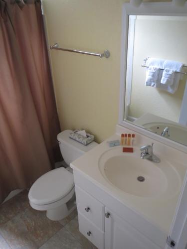 a bathroom with a toilet and a sink and a mirror at Kona Reef Resort by Latour Group in Kailua-Kona