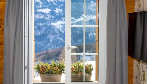 a window with two potted plants on a window sill at Gasthaus Brünig Kulm in Brunig
