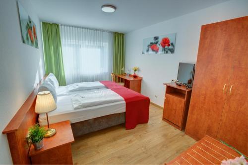 a hotel room with a bed and a television at Hotel Leo Mühlhausen in Mühlhausen