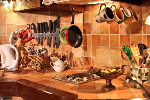 a kitchen with a counter with utensils on the wall at Tvrdic Honey in Grohote