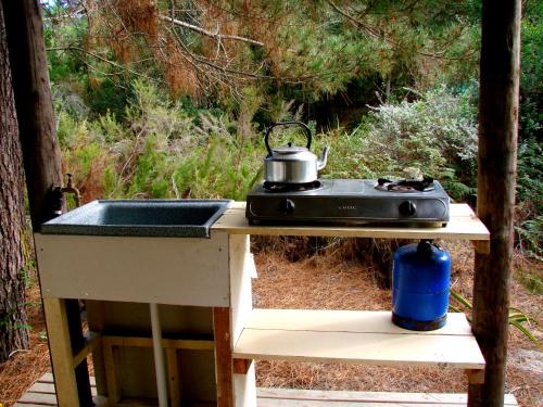 a stove with a tea kettle on top of it at Hindthausen in Knysna