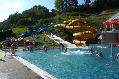 un grupo de personas en una piscina en un parque acuático en Ferienwohnung Loitfelder-Pang, en Saalbach Hinterglemm