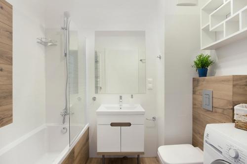 W łazience znajduje się prysznic, umywalka i toaleta. w obiekcie Luxury Apartment Solvo w Gdańsku