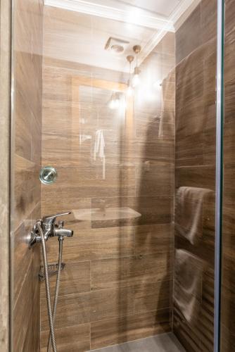 a bathroom with a shower with a glass door at Kaza Guesthouse in Dhimitsana