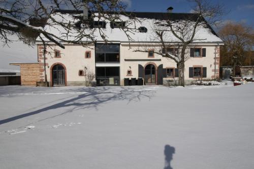 a person standing in the snow in front of a building at La Colline Du Baa - Maison d'hôtes d'exception in Lapoutroie