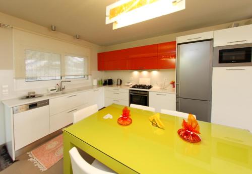 a kitchen with a green table and a refrigerator at The Villa of the Winds in Néa Kíos