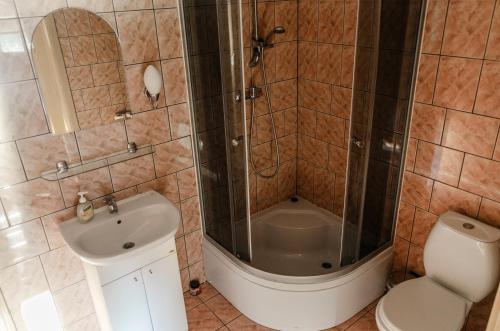 y baño con ducha, lavabo y aseo. en Dom Wczasowy Mariza DOMKI LETNISKOWE, en Czaplinek