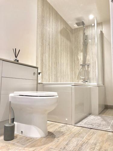 een witte badkamer met een toilet en een douche bij Millstream Mews in Bakewell