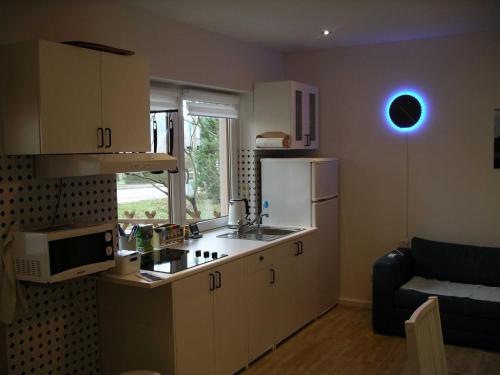 eine Küche mit einer Spüle und einem Kühlschrank in der Unterkunft Ferienhäuschen in Thangelstedt