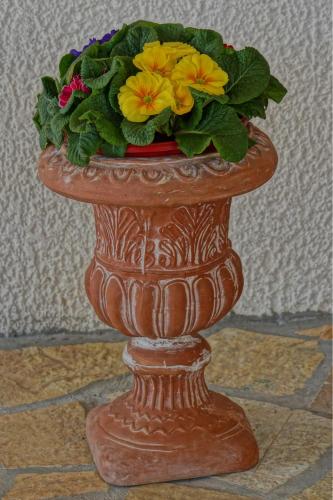 a vase with flowers in it on a table at Ancient Corinth Guest House in Kórinthos