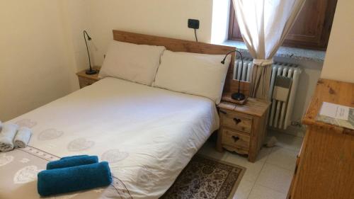 ein Schlafzimmer mit einem Bett mit einem blauen Kissen darauf in der Unterkunft Le JOLI COIN DU PASSAGE - CIR 0306 in Aosta