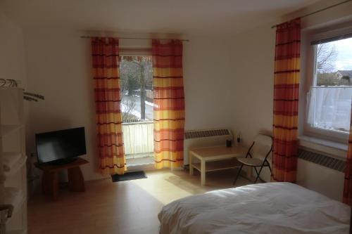 een slaapkamer met gordijnen, een bed en een televisie bij Casa Papa in Friedberg