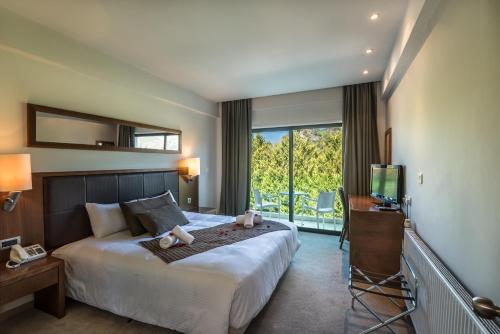 a hotel room with a bed and a balcony at Rodon Hotel and Resort in Agros