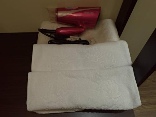 a stack of towels with a hair dryer on top at Lantan Fanyue Inn in Chiayi City