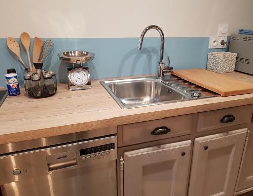 une cuisine avec un évier en acier inoxydable et un comptoir dans l'établissement Les Bruyeres, à Sotteville-lès-Rouen