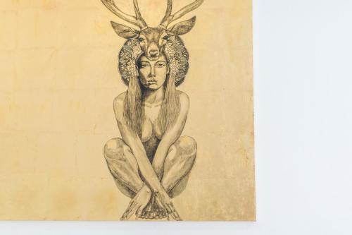 a drawing of a woman with antlers on her head at X.O Art House in Cusco