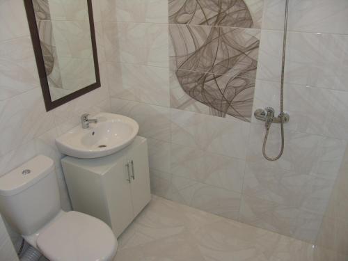 a bathroom with a toilet and a sink and a shower at Villa Eva in Panichishte