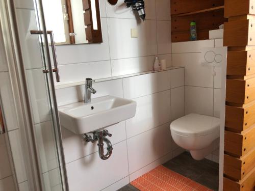 a bathroom with a sink and a toilet at Messezimmer 4u in Düsseldorf