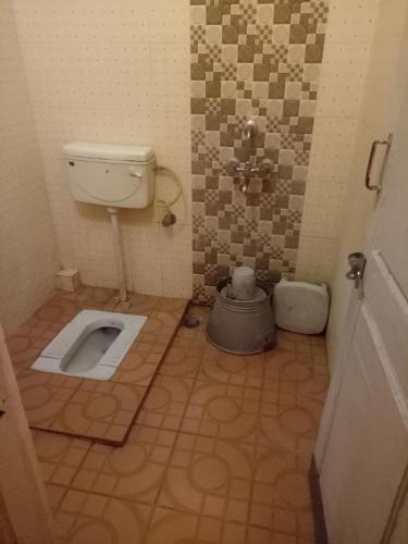 a small bathroom with a toilet in the floor at hotel sangeeth lodging in Mysore